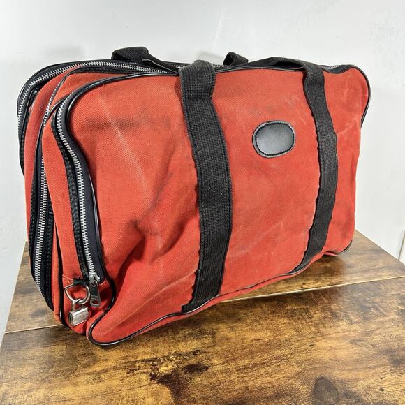 Vintage Soft Carry On Suitcase Bag Red With Black Trim Made In Korea 12 x 19 x 8 - Picture 1 of 14